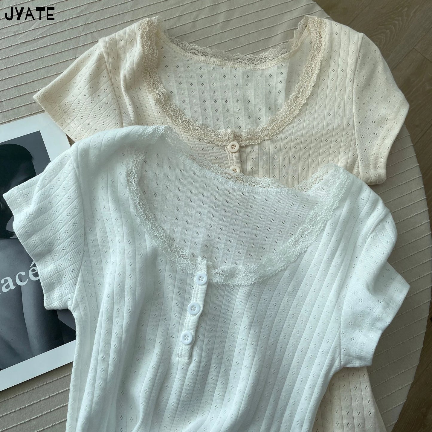 Eyelet Lace Trim Buttons Short Sleeve Tees Women New Casual Slim Streetwear Tops Femme Sweet Vintage Preppy Style T-shirts Y2K