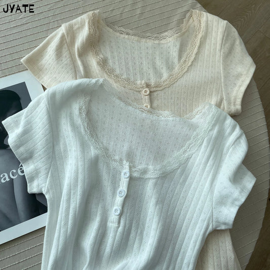 Eyelet Lace Trim Buttons Short Sleeve Tees Women New Casual Slim Streetwear Tops Femme Sweet Vintage Preppy Style T-shirts Y2K