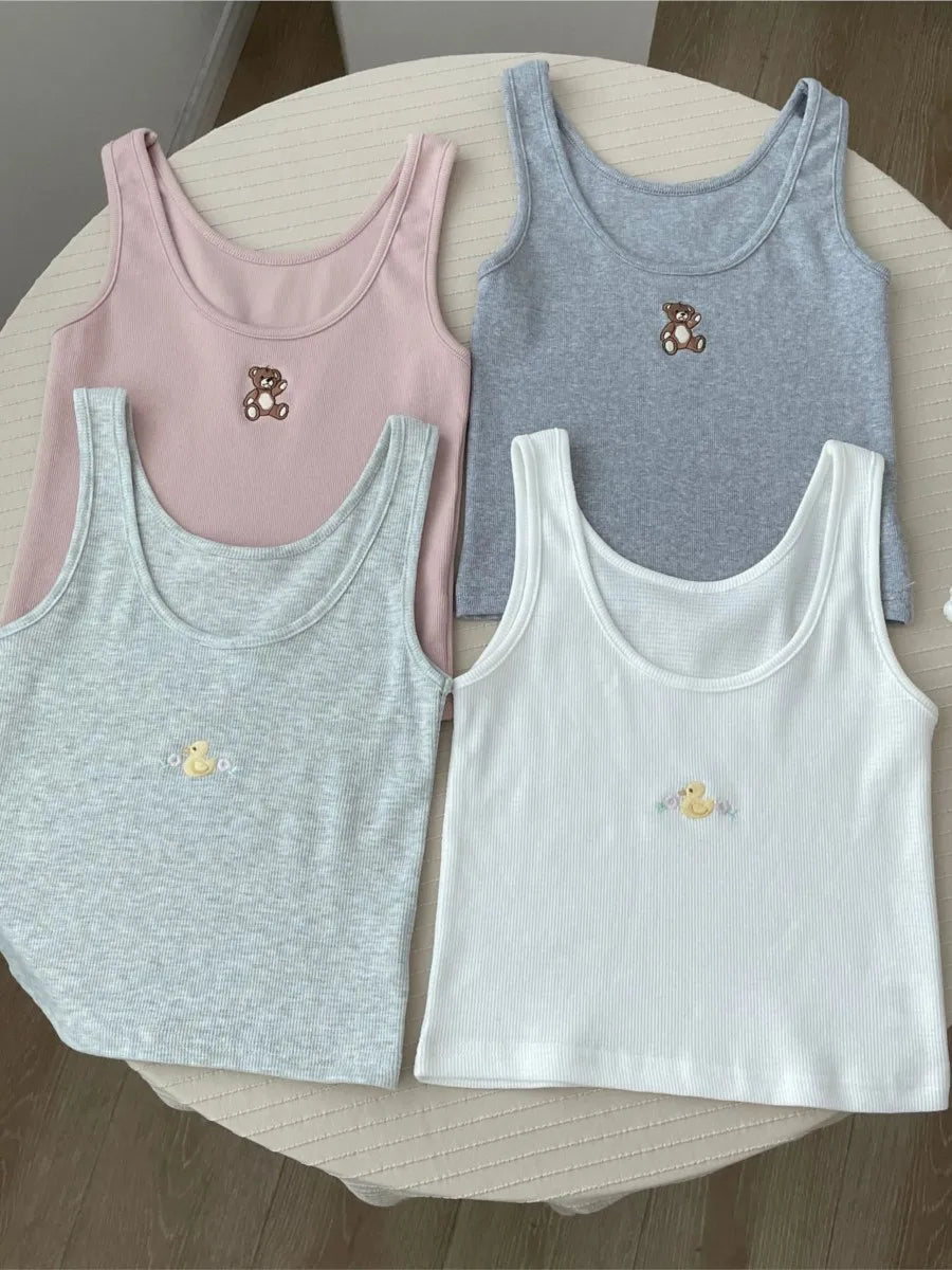Cute Little Duck Embroidery Tank Tops Women Summer New Cotton Casual U-neck Sleeveless Vests Simple Basic Sweet Camisole Y2K Top