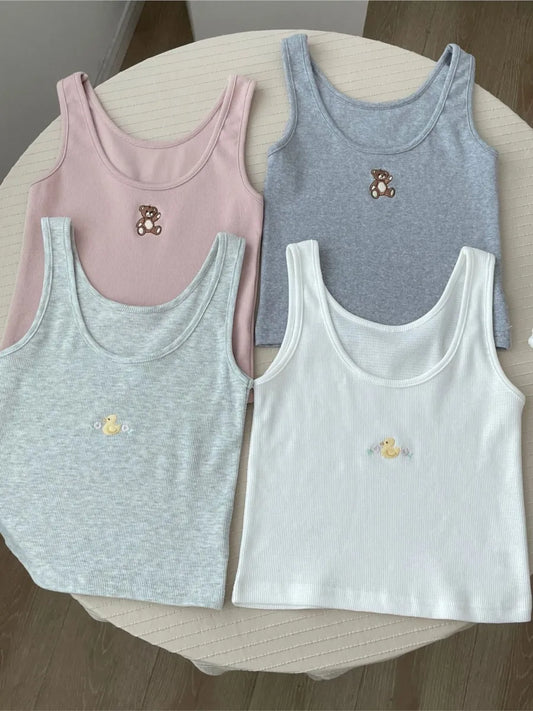 Cute Little Duck Embroidery Tank Tops Women Summer New Cotton Casual U-neck Sleeveless Vests Simple Basic Sweet Camisole Y2K Top
