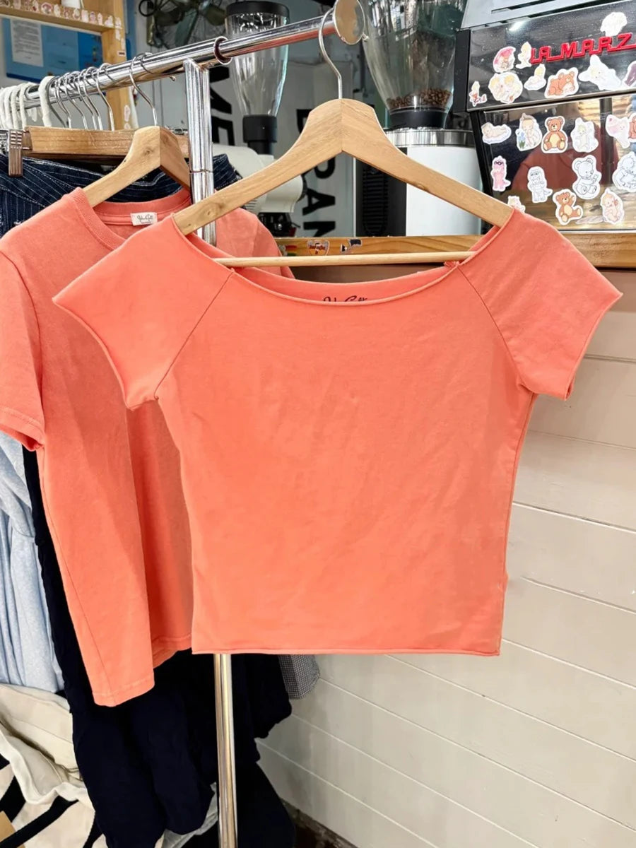 Orange Slash Neck Raw Hem Crop Tops Women Simple All-match Cotton Casual Slim T-shirts Female Sweet Chic Basic Cropped Tees Y2K