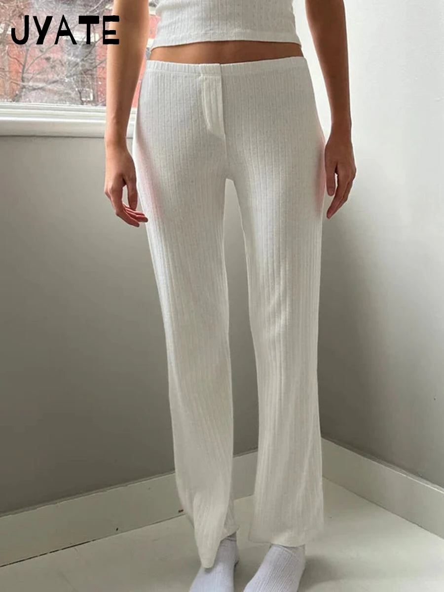 White Eyelet Straight Long Pants Women 2024 New Cotton Soft Casual Button High Waist Trousers Sweet Cute Vintage Pajama Pant Y2K