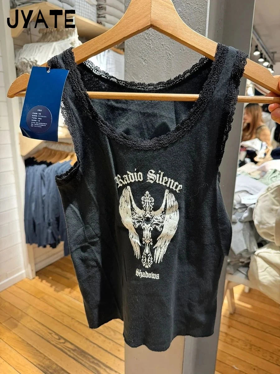 Harajuku Heart Print Lace Trim Tank Tops Women New Cotton Casual Slim Sleeveless Cropped Vests Vintage Chic Streetwear Camisole