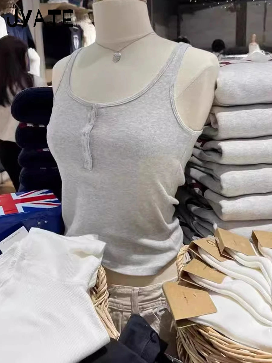 Simple Basic Gray Five Buttons Tank Tops Women Summer New Slim Casual Cotton Crew Neck Vests Retro Harajuku Chic Y2K Camisole