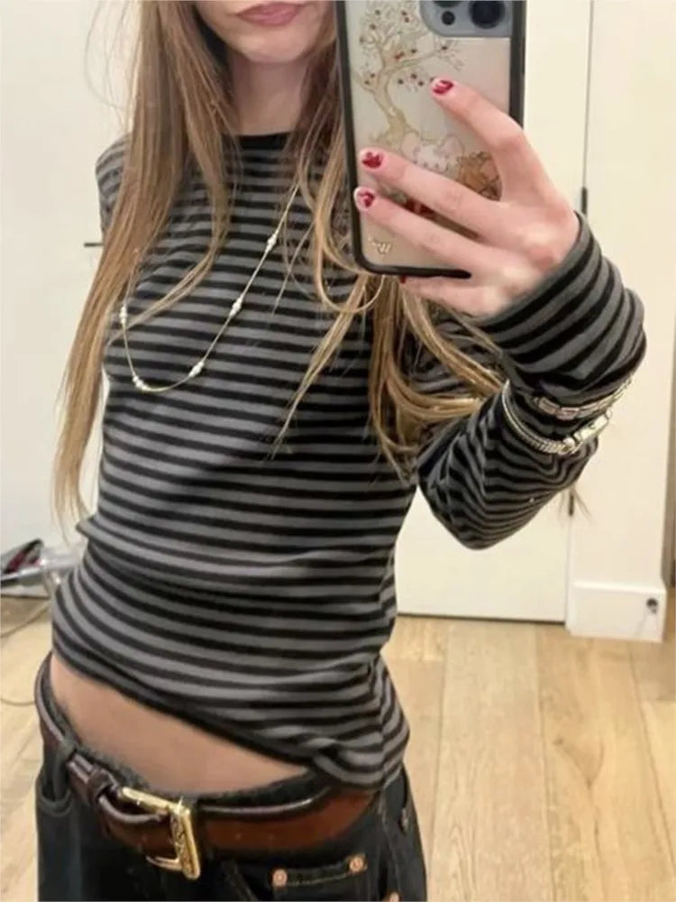 Striped Long Sleeve T-shirt Woman Spring New Y2K O-Neck Cotton Slim Tshirts Tops Female Vintage Cute Preppy Style Tee Shirts