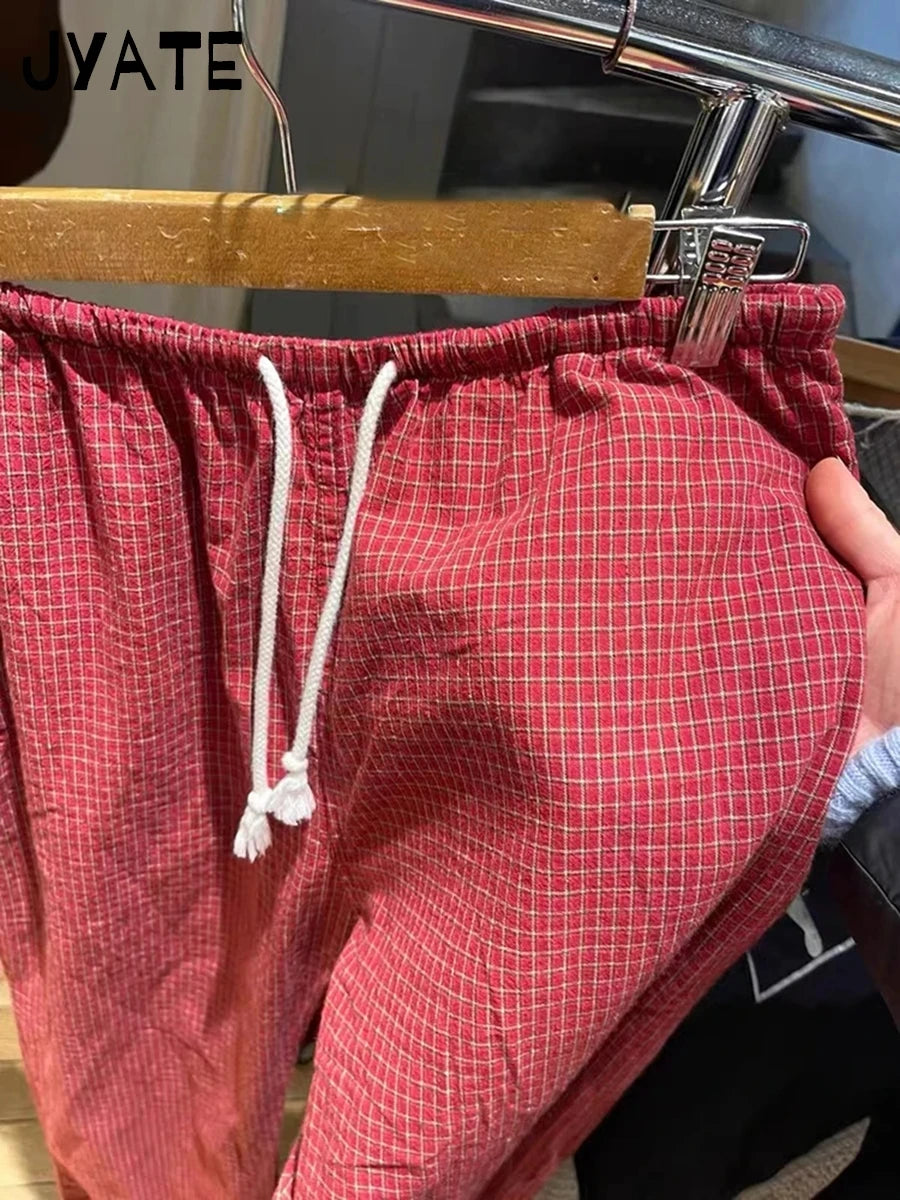 Sweet Red Plaid Drawstring Sport Pants Women Spring New Casual Chic Cotton Wide Leg Pant Harajuku Vintage Straight Trousers Y2K