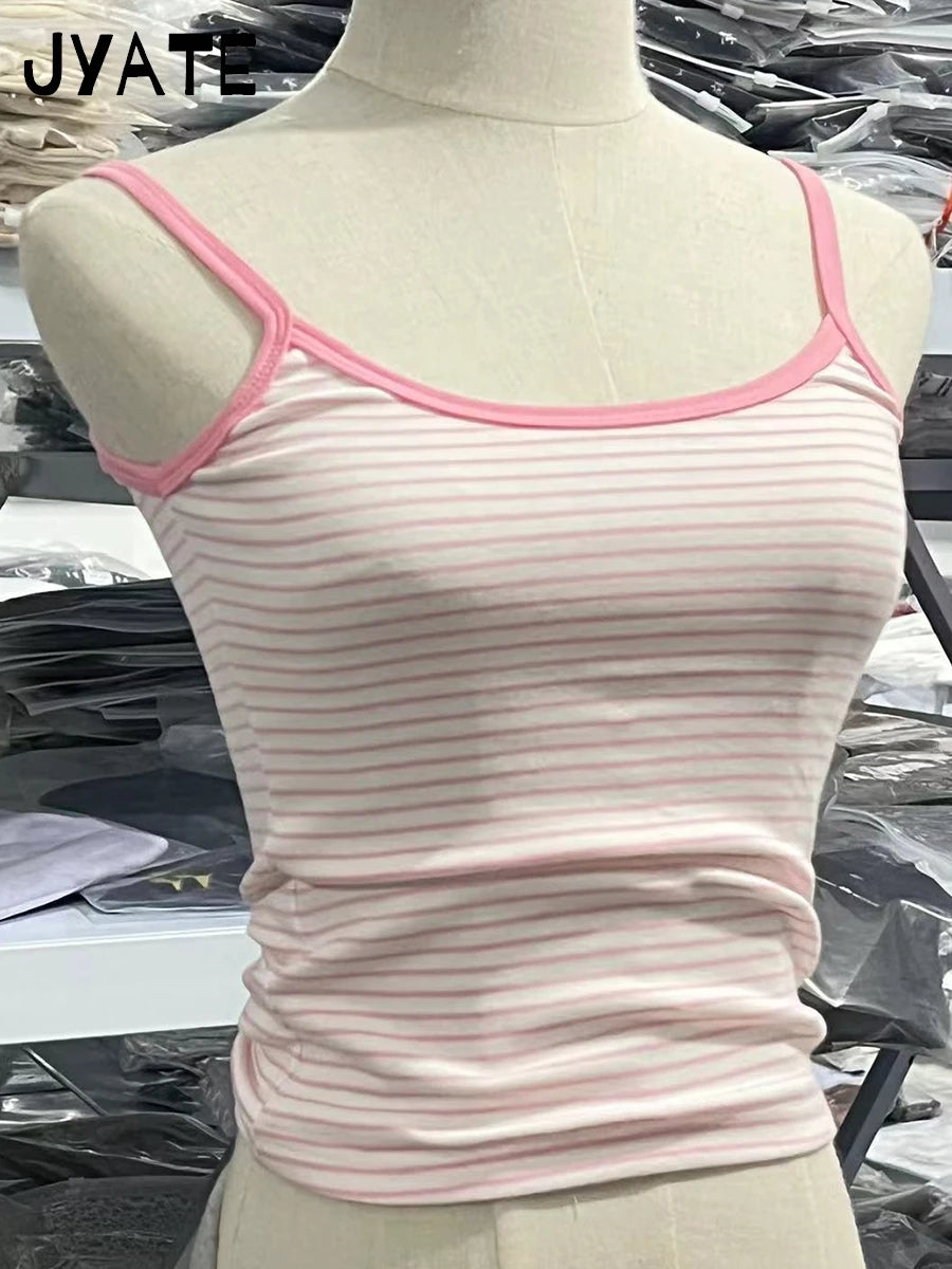 American Blue Striped Hollow Out Tank Tops Women Summer New Cotton Bow Lace Trim Sleeveless Vests Sweet Cute Vintage Camis Y2K