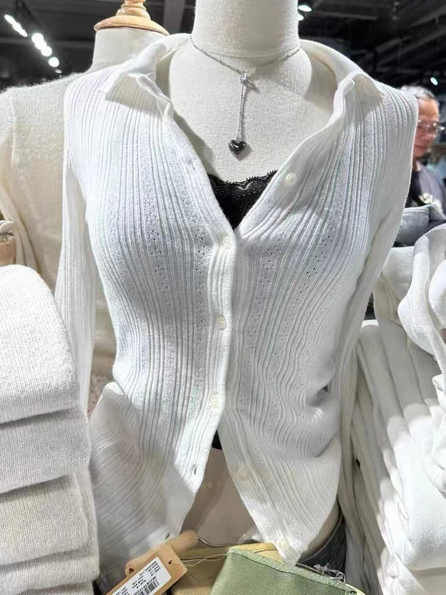 Eyelet Knitted Slim T-shirts Women Turn Down Collar Elegant Button Chic Long Sleeve Tees Female Sweet Simple Slim Hollow Out Top