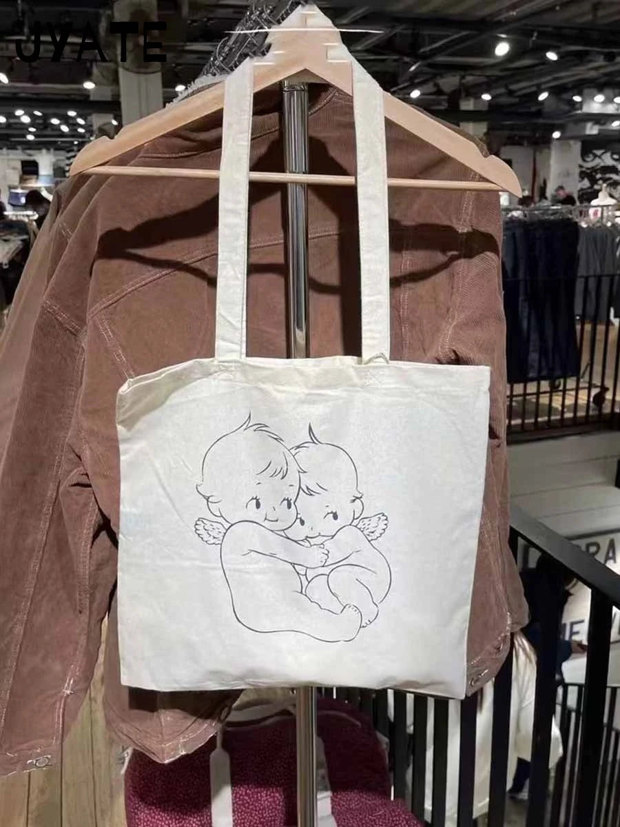 Canvas Cute Cartoon Print Shoulder Bags Female White Simple Large Capacity Messenger Hobo Casual Fashion Women's Crossbody Bag