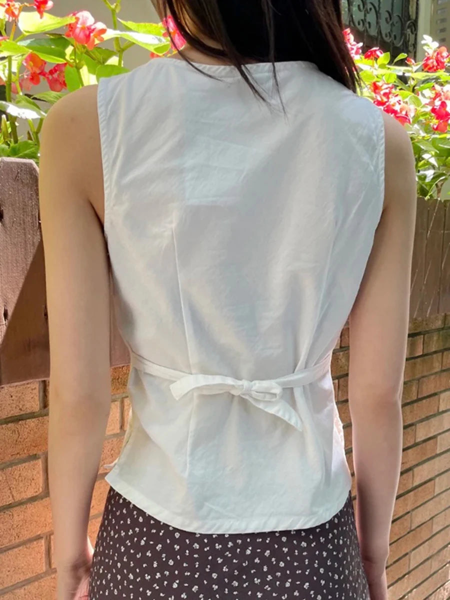 Simple Sexy Deep V-neck Tank Tops Women Summer New Cotton Soft White Lace-up Slim Sleeveless Tees Vintage Streetwear Sweet Vests