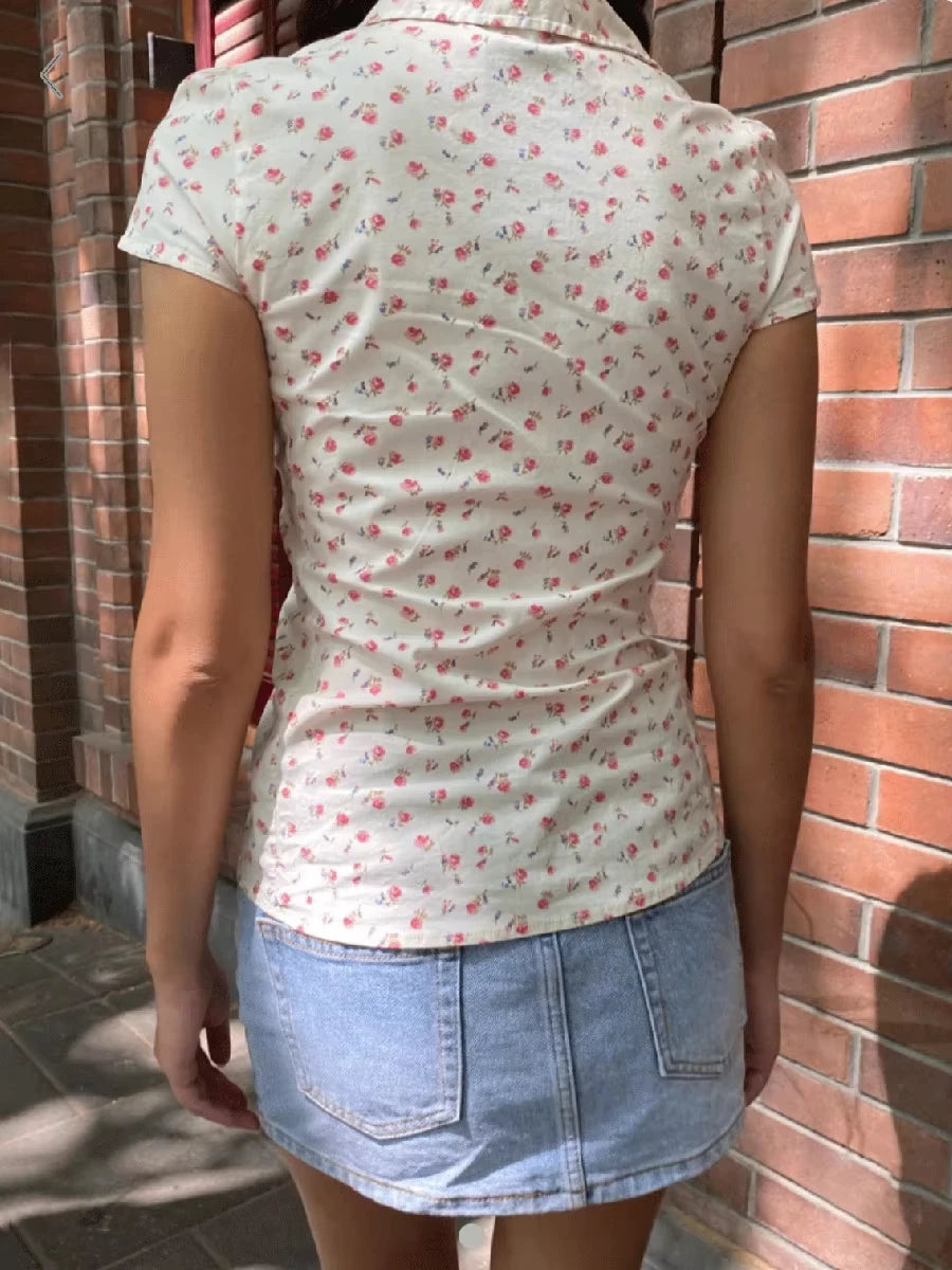 Red Floral Slim T-shirt Blouse Woman New Casual Turn-Down Collar Single Breasted Short Sleeve Tees Vintage Sweet Cute Tshirt Top