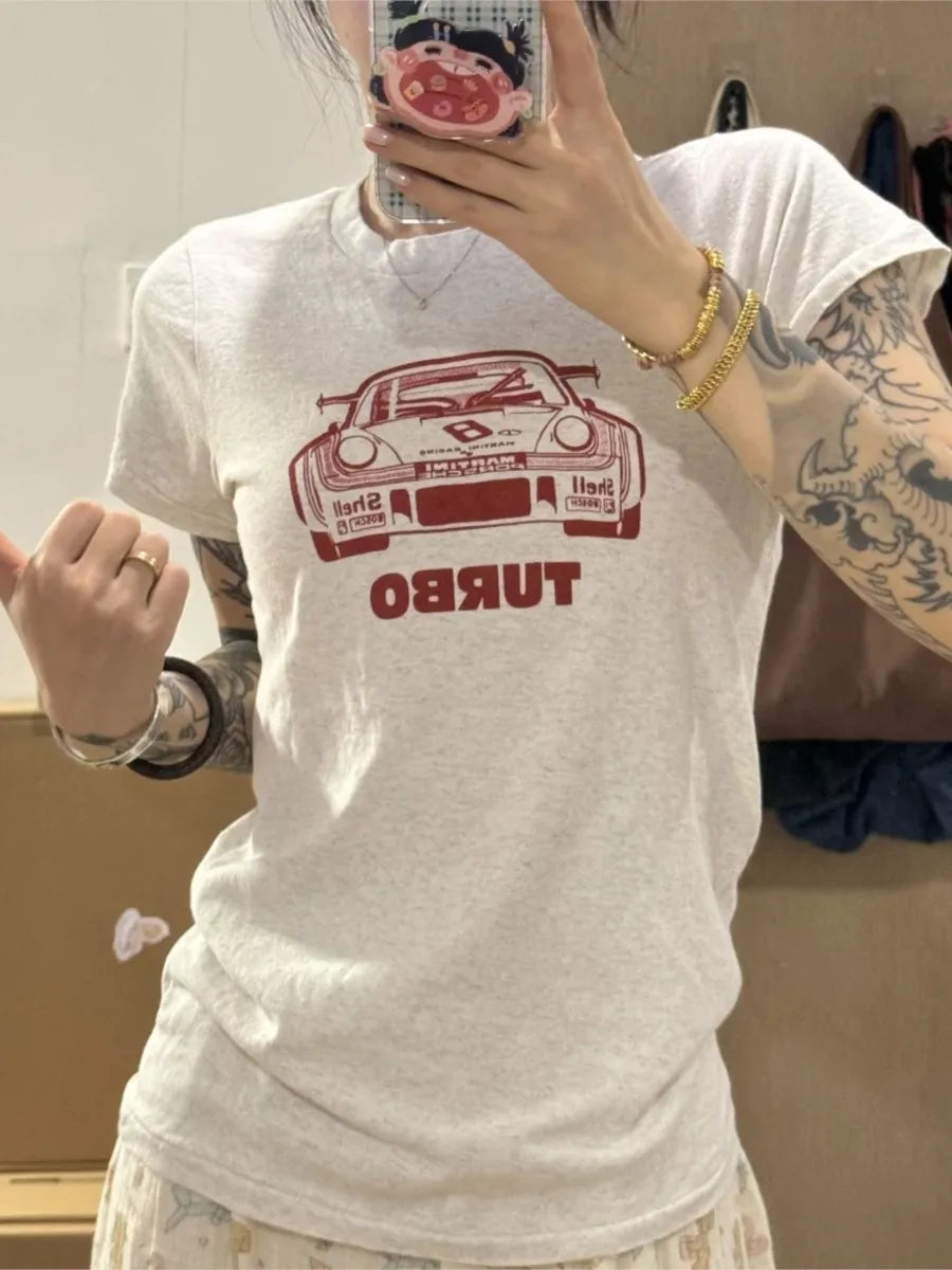 Vintage Car Print T-shirt Women Summer Cotton Casual Streetwear O-neck Short Sleeve Tee Shirts Female Sweet Tshirt Y2K Tops Girl