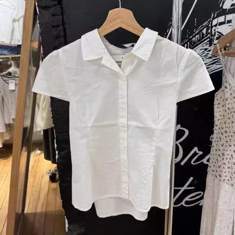 Blue Plaid  Lapel Blouse Women Summer Casual Preppy Style Buttons Short Sleeve Tees Sweet Vintage Cute T-shirts Y2K Tops New