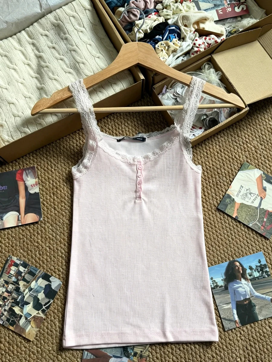 Lace Trim Ribbed Slim Camisole Women Casual Chic Cotton Buttons Sleeveless Vest Sweet All-match Simple Cropped Tank Tops Y2K