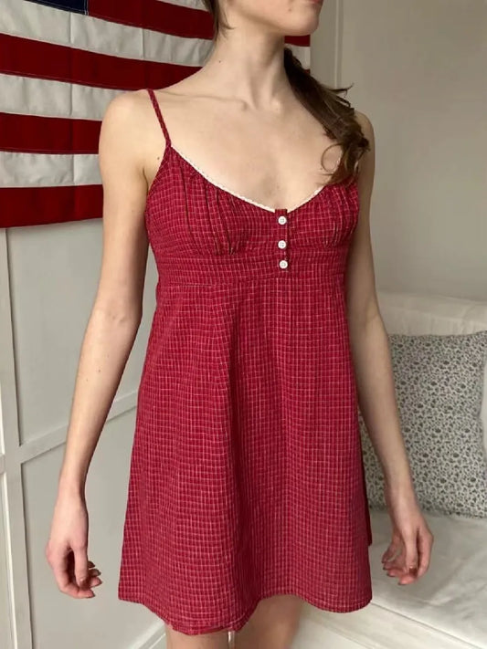 Red Plaid V-neck Mini Dress Women Summer Casual Buttons Lace Trim A-line Short Vestidos Vintage Sweet Preppy Style Y2K Dresses