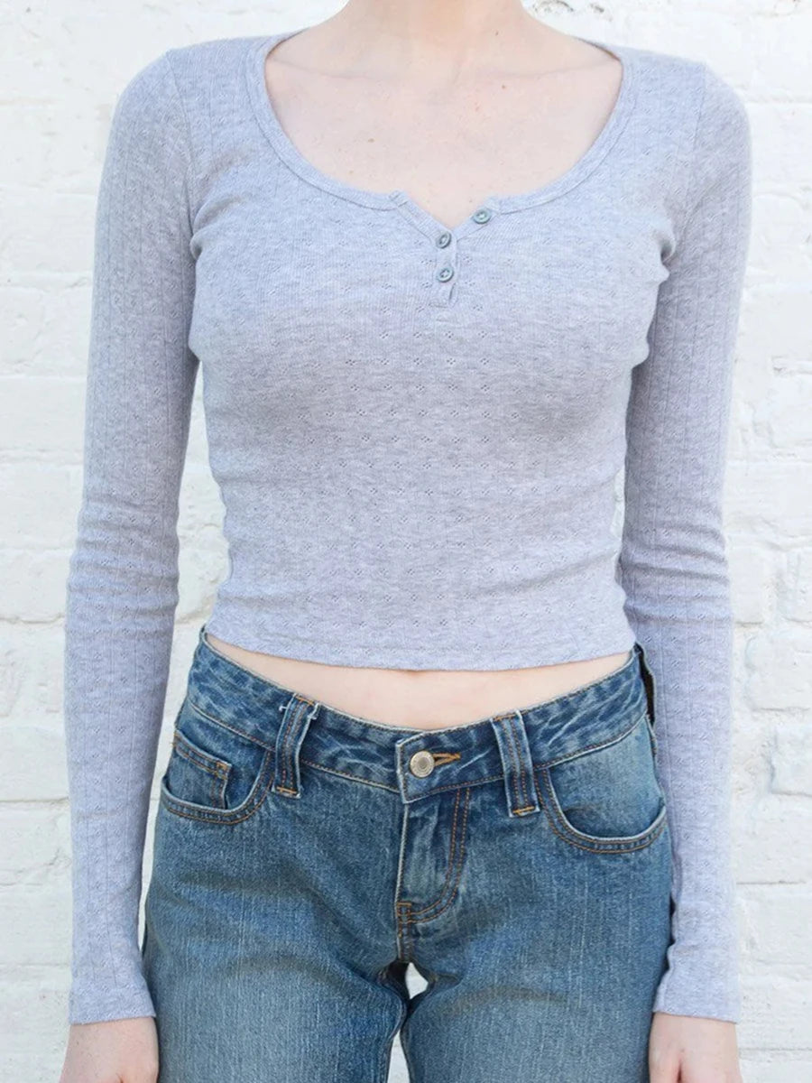 White Hollow Out Cute Cotton T-shirts Femme New Button  Slim Long Sleeve Tees Casual Autumn Y2k Chic Tops Clothes