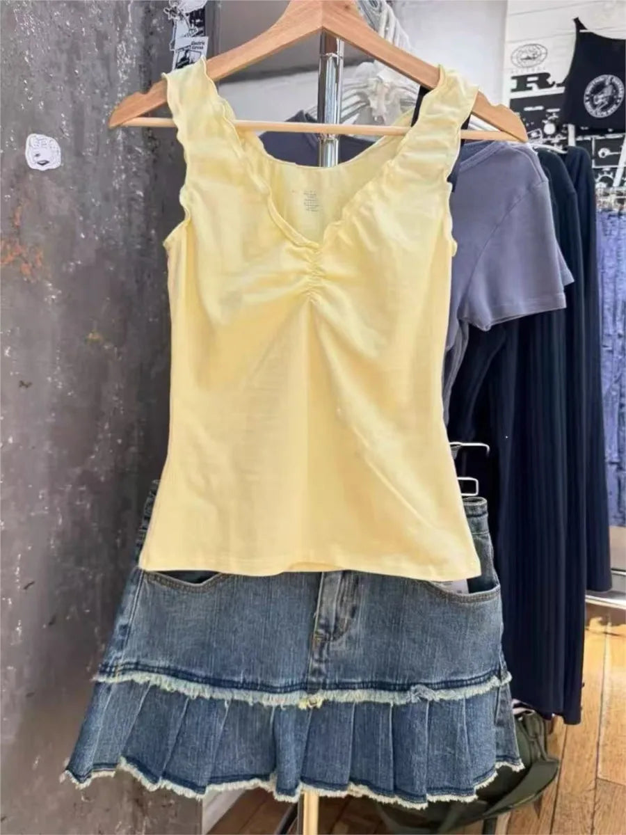 Button Yellow Fungus Trim Slim Tank Tops Women Summer Sleeveless Sexy Bow V-neck Cotton Crop Top Femme Simple Sweet Cute Vests