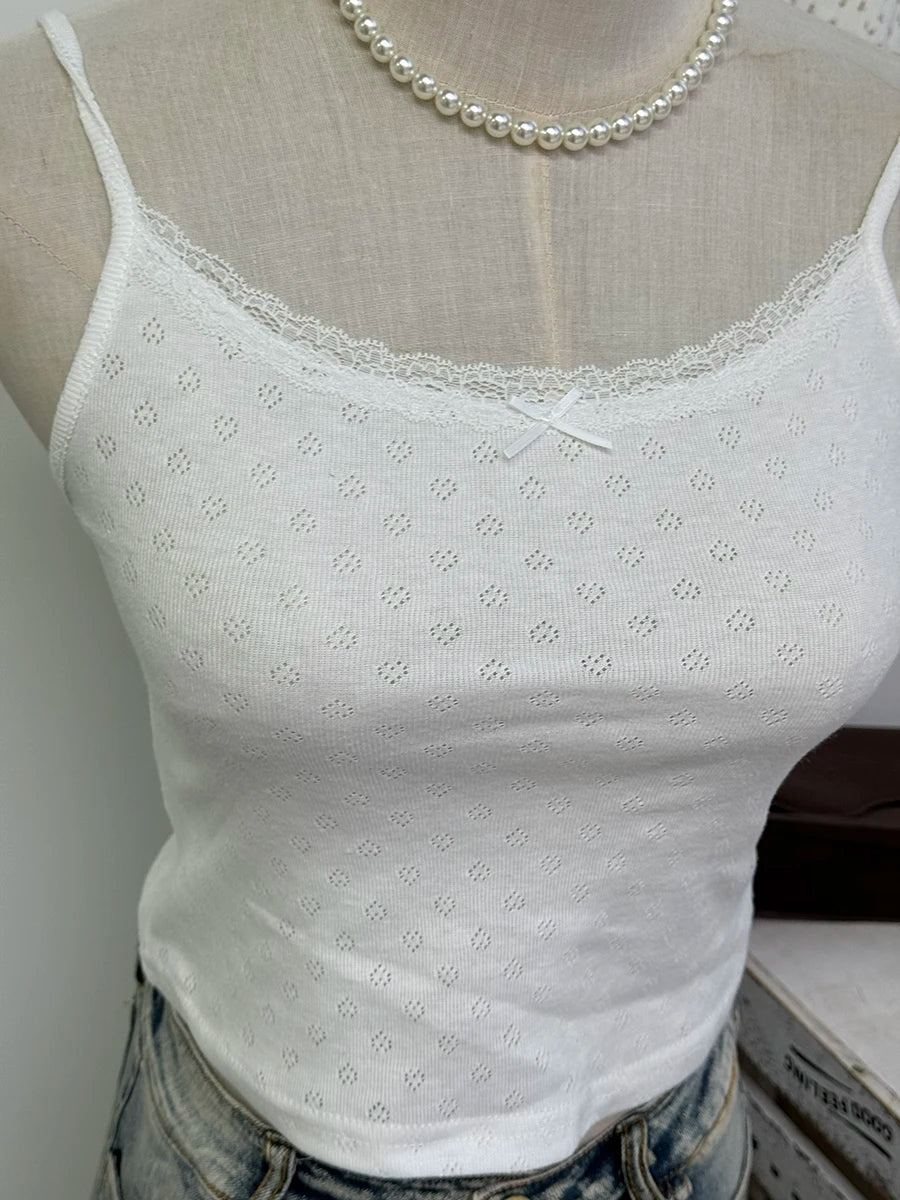 White Eyelet Lace Camisole Women Summer New Casual Streetwear Slim Cotton Sleeveless Tank Tops Sweet Cute Simple Camisole Y2K