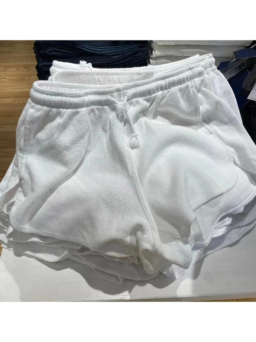 Sweet Pink Waffle Sports Shorts Women New Casual Pockets Drawstring Elastic High Waist Short Cute Preppy Style Short Pants Y2K