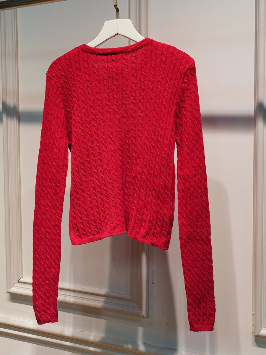 Red Twist flower Sweater Cardigan Women Autumn Casua; Single Breasted Long Sleeve Slim Knitted Coat Simple Crop Top Jumper Y2K