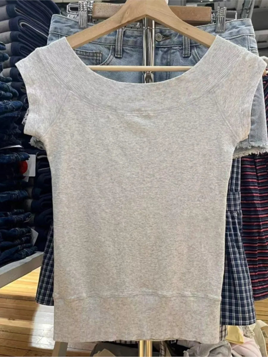 Gray Knitted Slash Neck T-shirts Women Summer New Casual Streetwear Short Sleeve Tees Vintage Sweet Cotton Chic Tshirt Y2K Tops