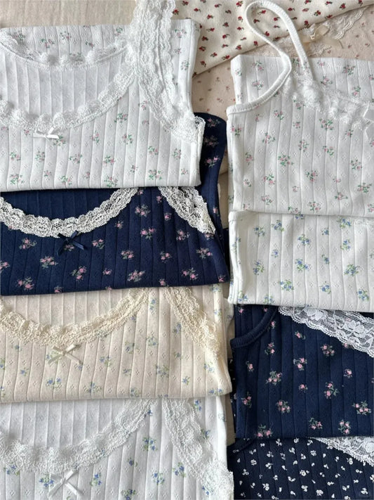 Bow Floral Eyelet Lace Trim Tank Tops Women Summer Simple Cotton Sleeveless Slim Camisole Girls Sweet Cute Preppy Style Vests