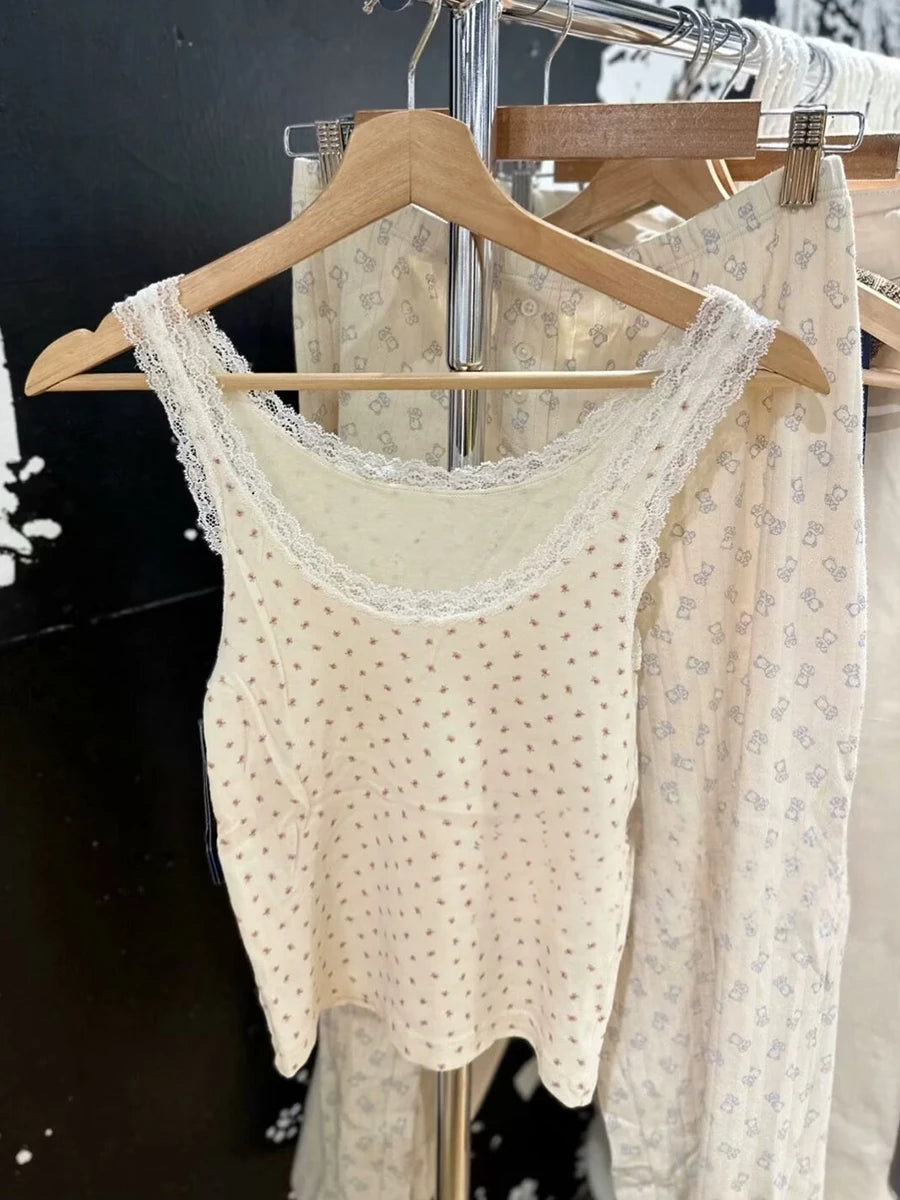 Fashion Floral Print Lace Trim Tank Tops Ladies Summer Cotton Soft Casual Sleeveless Vests Female Sweet Cute Chic Camisole Y2K