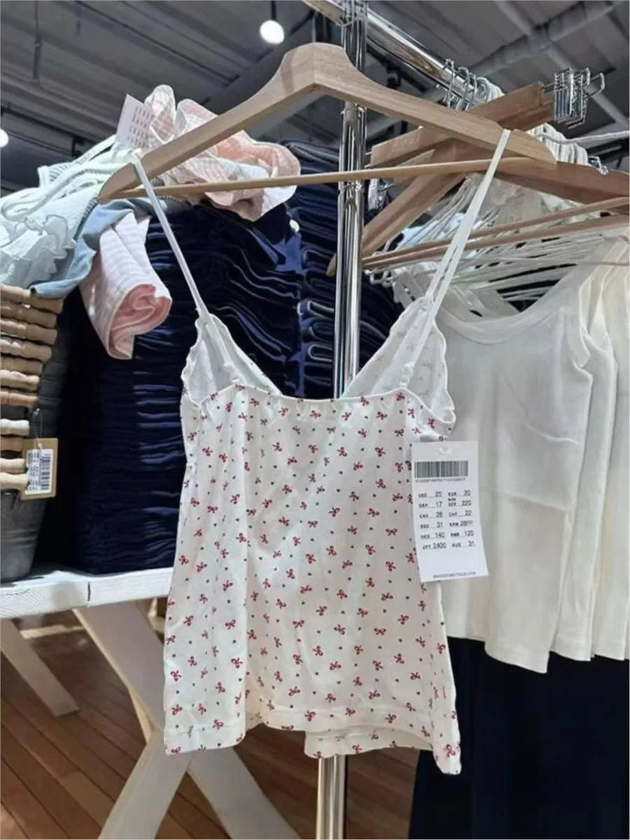Red Bow Fungus Trim Bow Tank Tops Women New Cute Casual Cotton Slim V-neck Sleeveless Camis Girl Sweet Preppy Style Y2K Crop Top