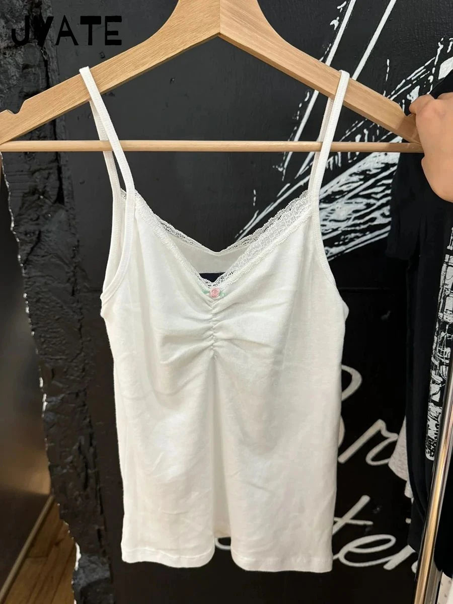 Sweet White V-neck Flower Folds Tank Tops Women New Cotton Casual Slim Lace Trim Sleeveless Vests Cute Vintage Chic Camisole Y2K
