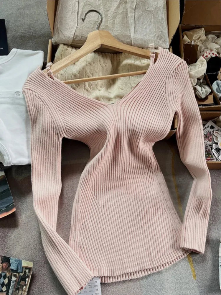 Sweet Fake Two Pieces Knit Long Sleeve T-shirt Women Autumn Pink Sexy Off Shoulder V-neck Slim Tees Casual Fairycore Y2K T Shirt