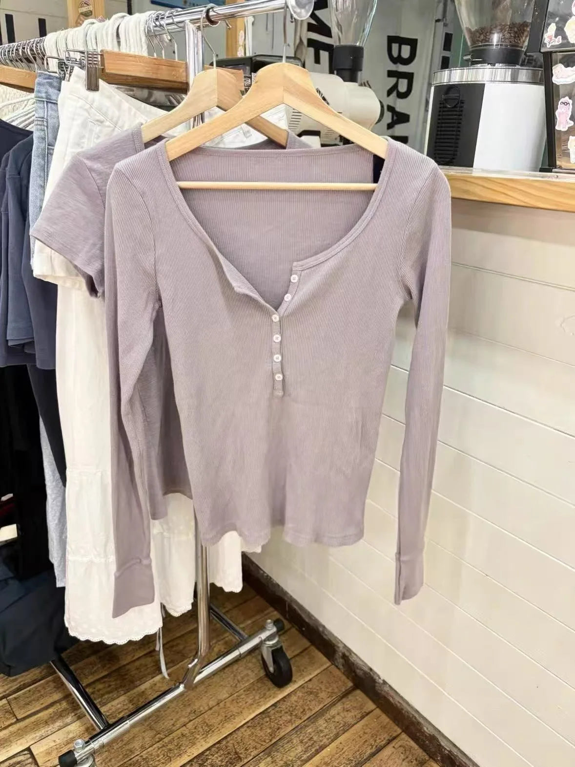 Taro Purple Ribbed Patchwork Long Sleeve Tees Women Autumn Simple Basic Buttons O-neck Tshirt Female Sweet Cute Cotton T-shirts