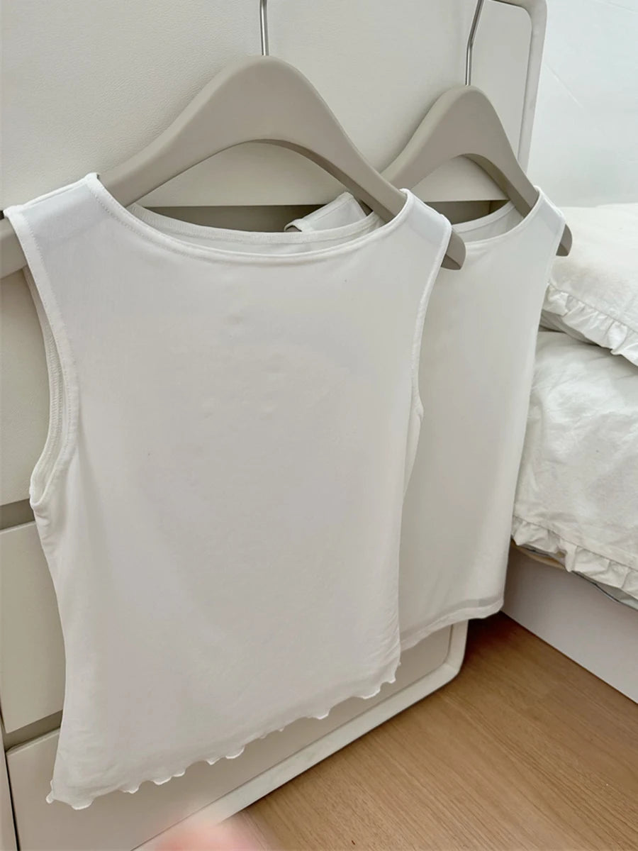 Sweet Solid Ruffle Mesh Tank Tops Women Summer New O-neck Cotton Casual Sleeveless Vests Female Vintage Chic Slim Crop Tops Y2K