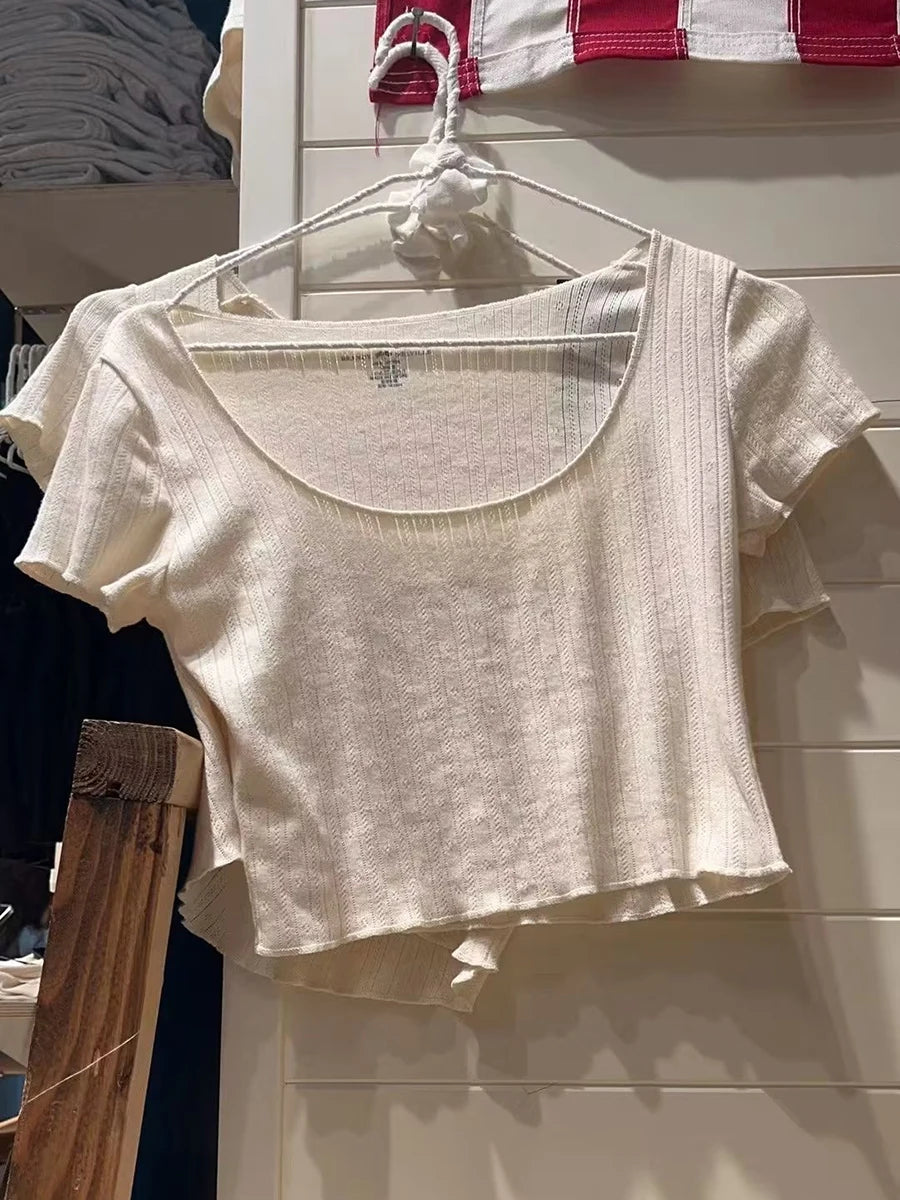 Floral Hollow Out Slim Short Sleeve Tee Women Summer Casual Simple White Crew Neck Cute T-shirts Sweet Harajuku Vintage Y2K Tops