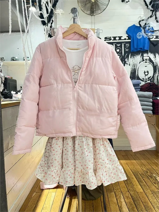 Sweet Pink Hooded Cotton Jacket for Women Winter Slim Stand Collar Warm Cotton Versatile Simple Chic Preppy Style Coat Y2K Tops