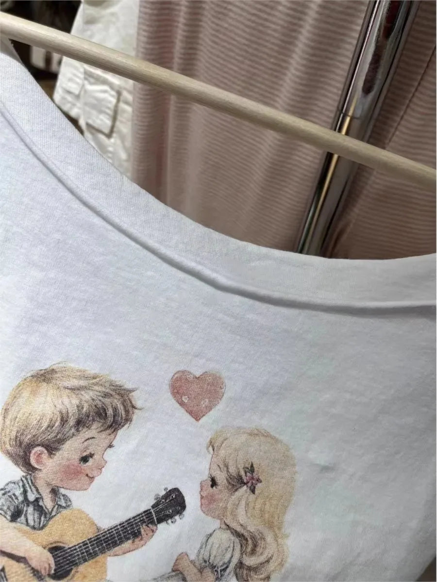 Guitar Print Slash Neck Crop Tops Women Summer New Streetwear Cotton Slim Raw Hem Short Sleeve Tee Sweet Vintage Cute T-shirts