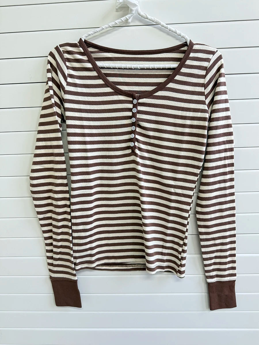 Brown Striped Buttons T-shirts Women Casual Chic Cotton Patchwork Long Sleeve Tees Vintage Preppy Style Slim Tshirt Y2K Tops New