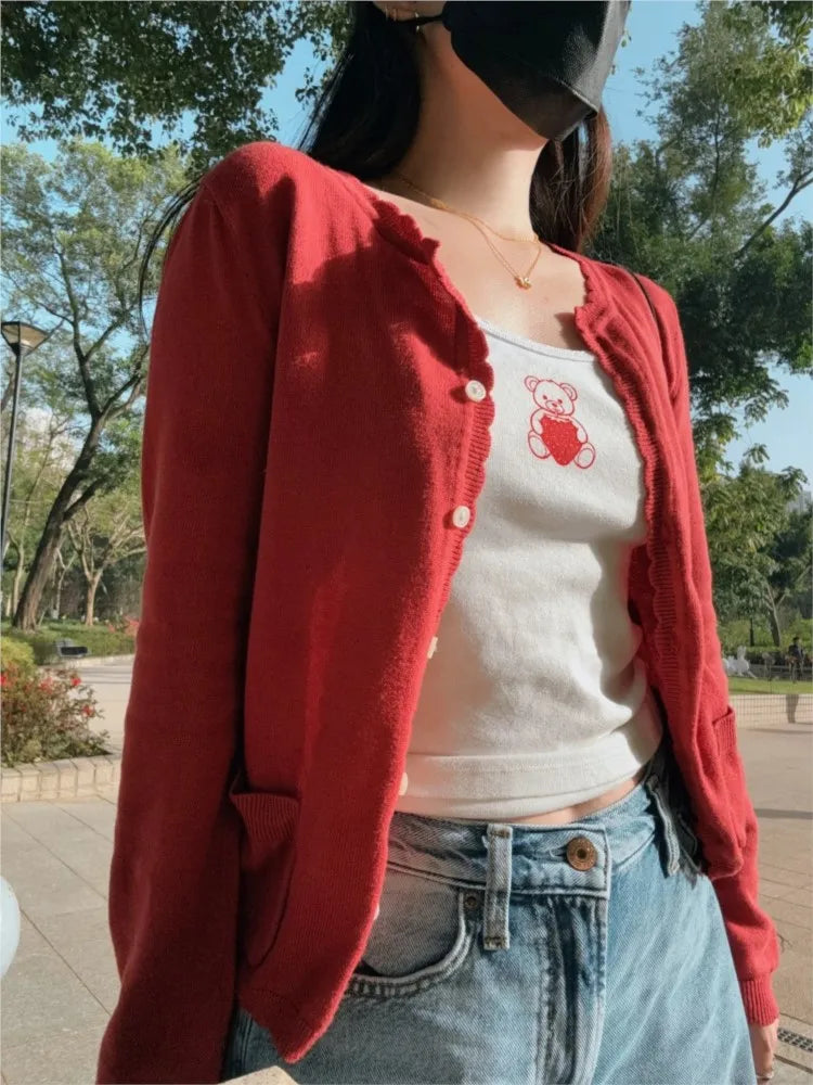Christmas Red Pockets Slim Knitted Cardigan Woman O-Neck Long Sleeve Cotton Sweaters Sweet Preppy Style Knitwear Coat Tops