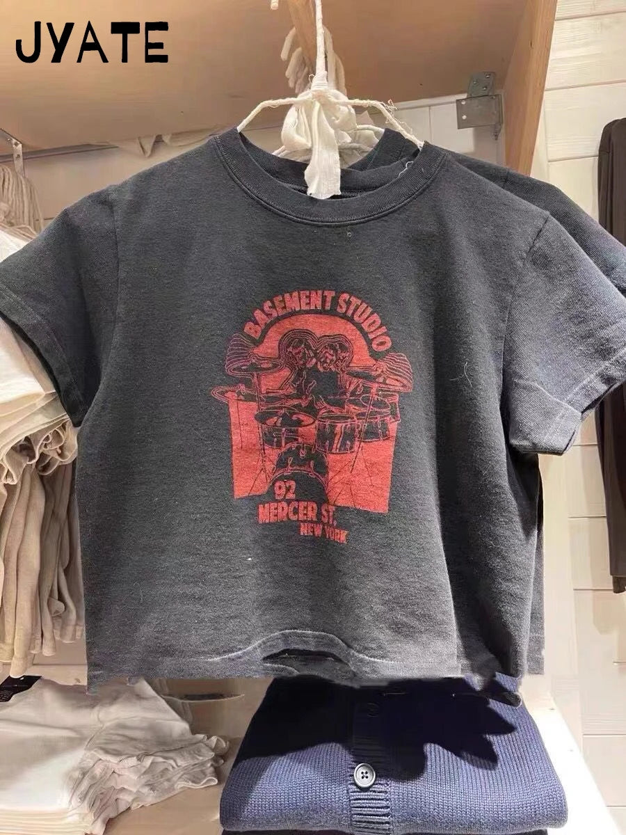 Classic Drum set Print O-neck Short Sleeve Tees Women New Harajuku Cotton Casual Slim Crop Tops Vintage Sweet Chic Y2K T-shirts
