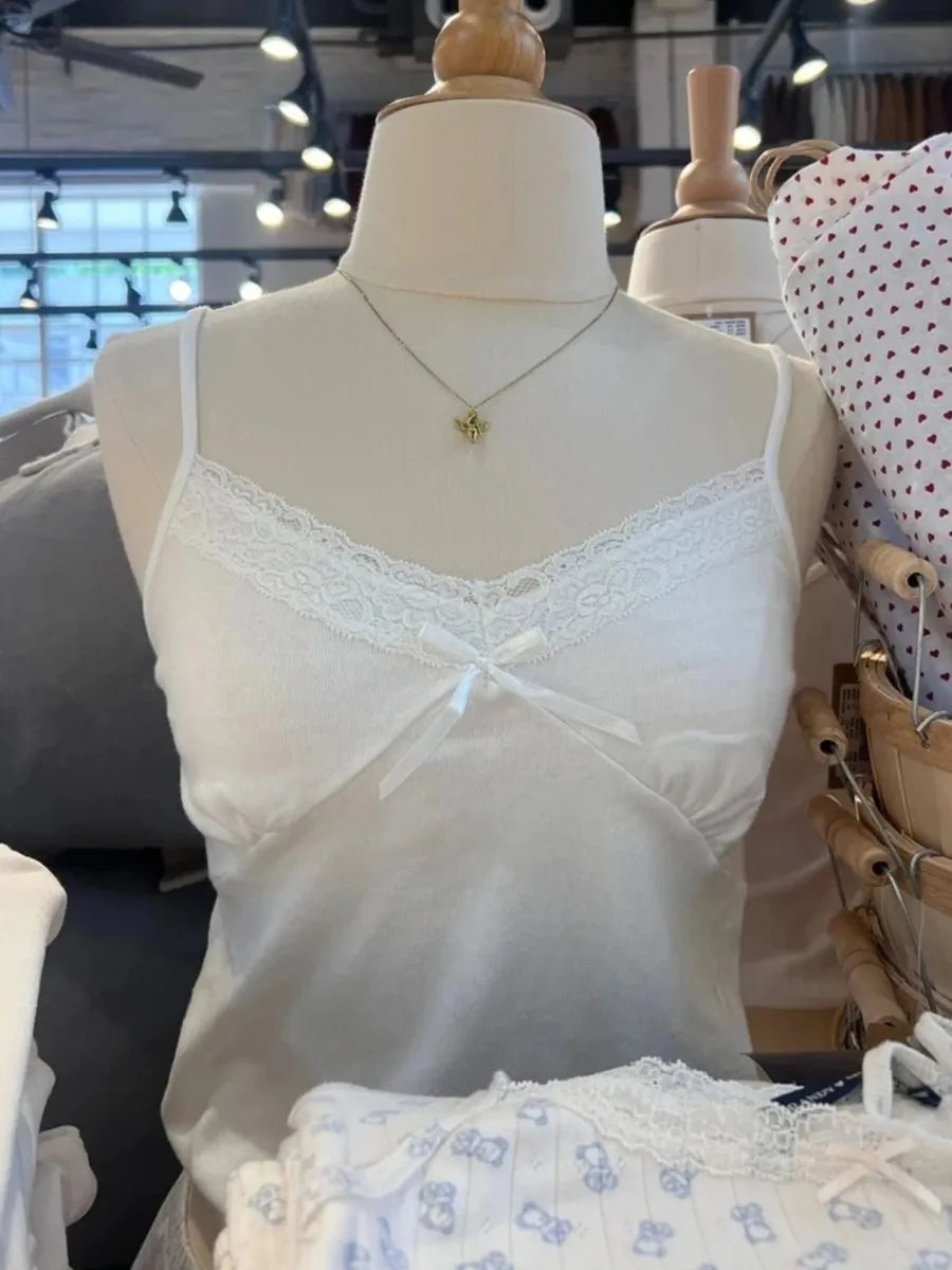 Sweet Lace Trim V-neck Bow Tank Tops Women New Basic Casual Sexy Slim Cotton Soft Sleeveless Crop Top Chic Simple Cute Camisole