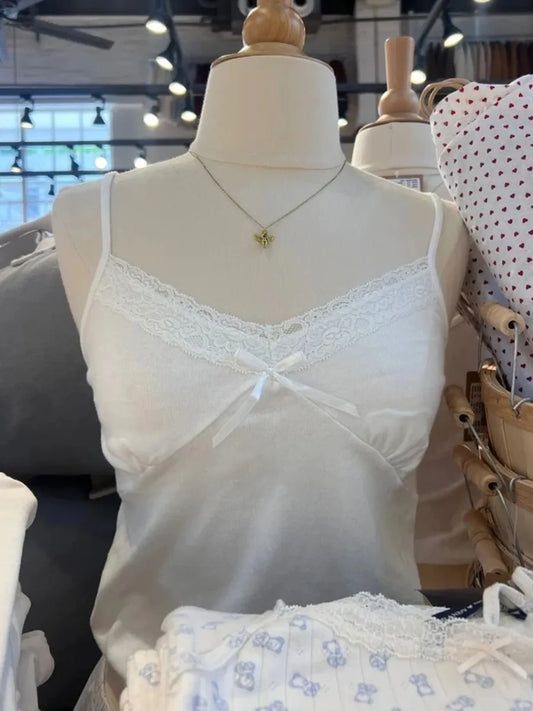 Sweet Lace Trim V-neck Bow Tank Tops Women New Basic Casual Sexy Slim Cotton Soft Sleeveless Crop Top Chic Simple Cute Camisole