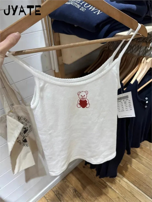 Strawberry Bear Print Tank Tops Women Summer New Cotton Slim Casual Sleeveless Cropped Vests Sweet Cute Preppy Style Camisole