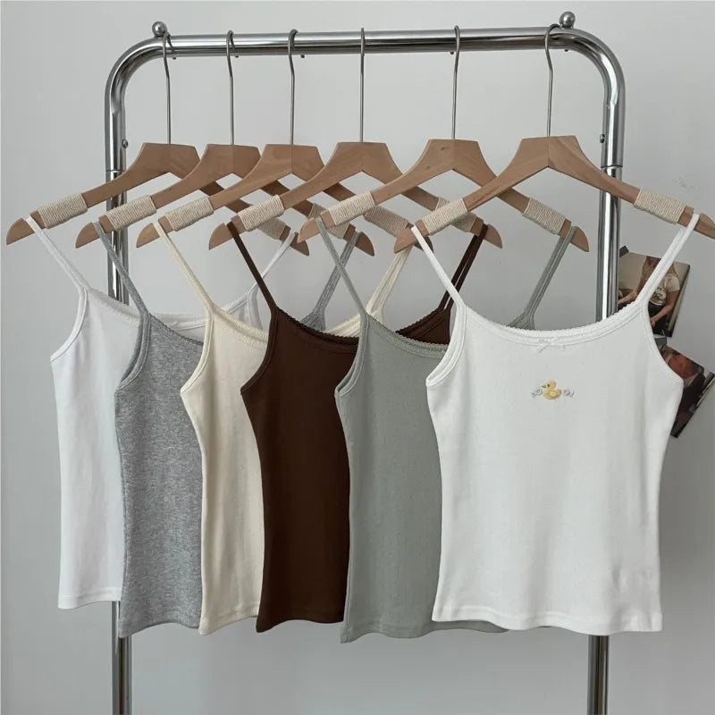 Cute Little Duck Embroidery Tank Tops Women Summer New Casual Slim Bow Sleeveless Vests Sweet Preppy Style Camisole Y2K Clothes