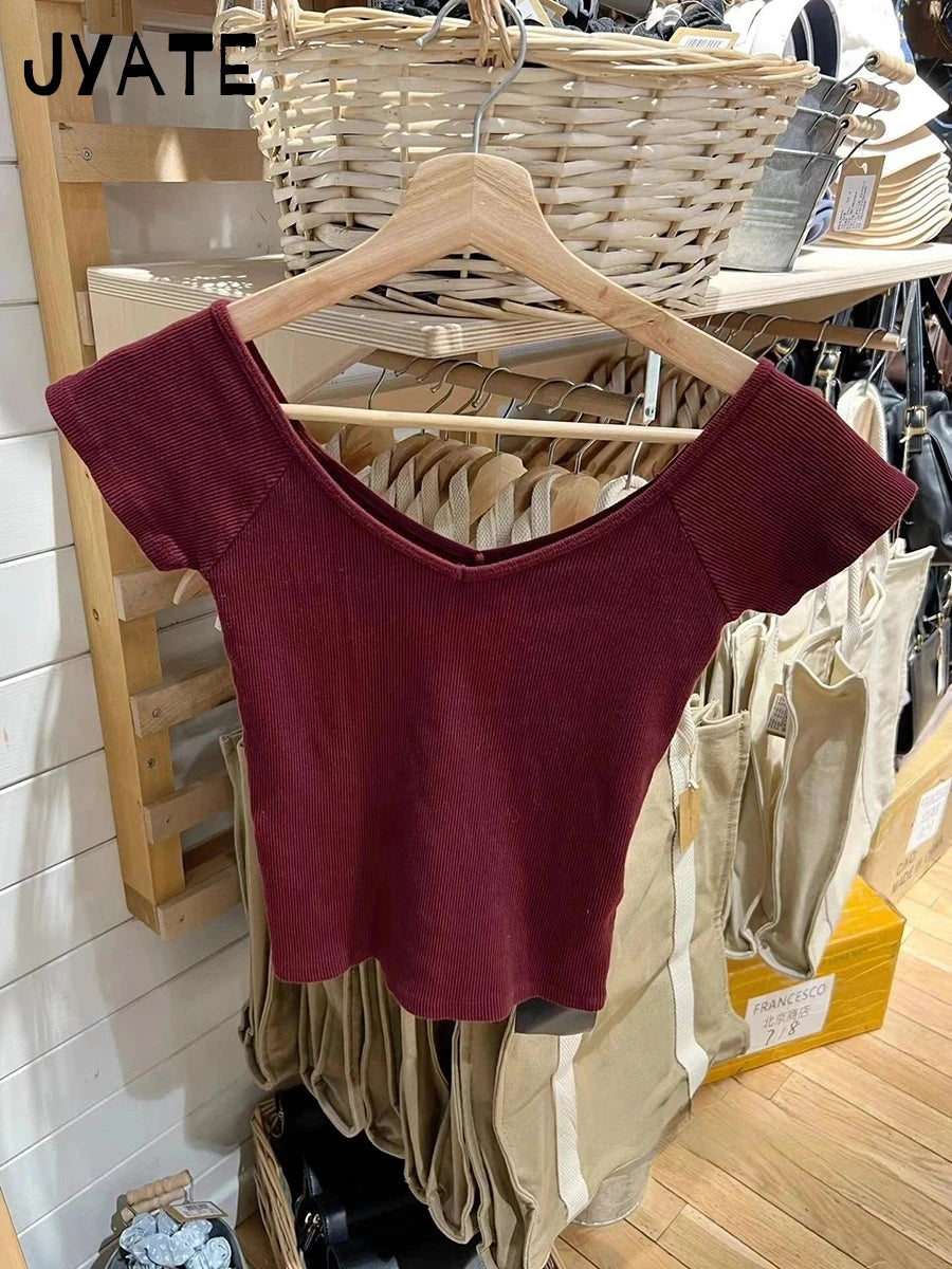 Simple Basic V-neck Ribbed Short Sleeve Tees Women Summer New Slim Sexy Cotton Casual Tops Vintage Preppy Chic T-shirts Y2K 2024