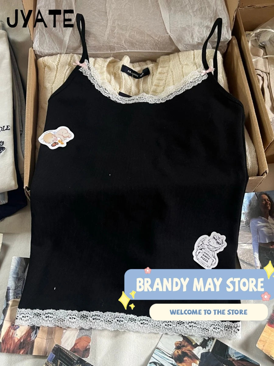 Harajuku Lace Trim U-neck Tank Tops Women New Cotton Sexy Slim Streetwear Bow Sleeveless Vests Vintage Chic Sweet Camisole Y2K