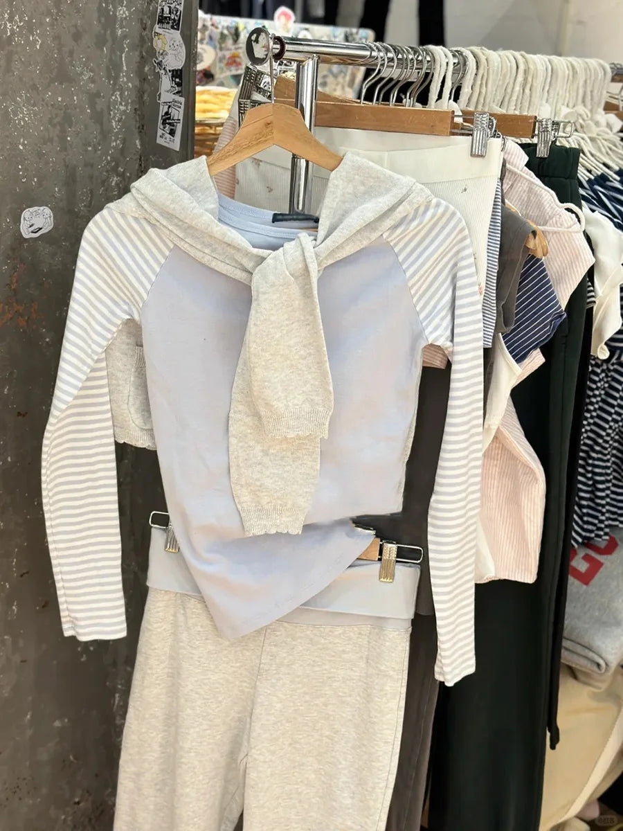 Blue Patchwork Long Sleeve T-shirt Women Spring Slash Neck Cotton Slim Tee Shirts Female Sweet Streetwear Vintage Tshirt Tops