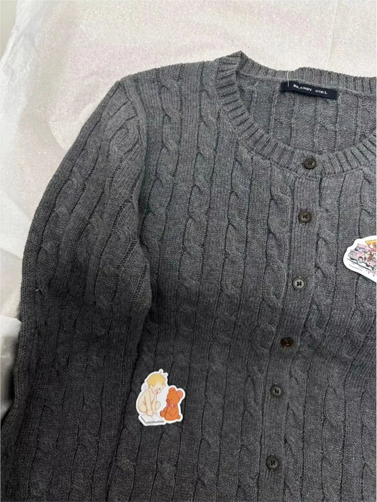 Twist Flower Sweater Cardigan Spring Single Breasted O-neck Long Sleeve Cotton Knitwear Vintage Preppy Style Sweaters Y2K