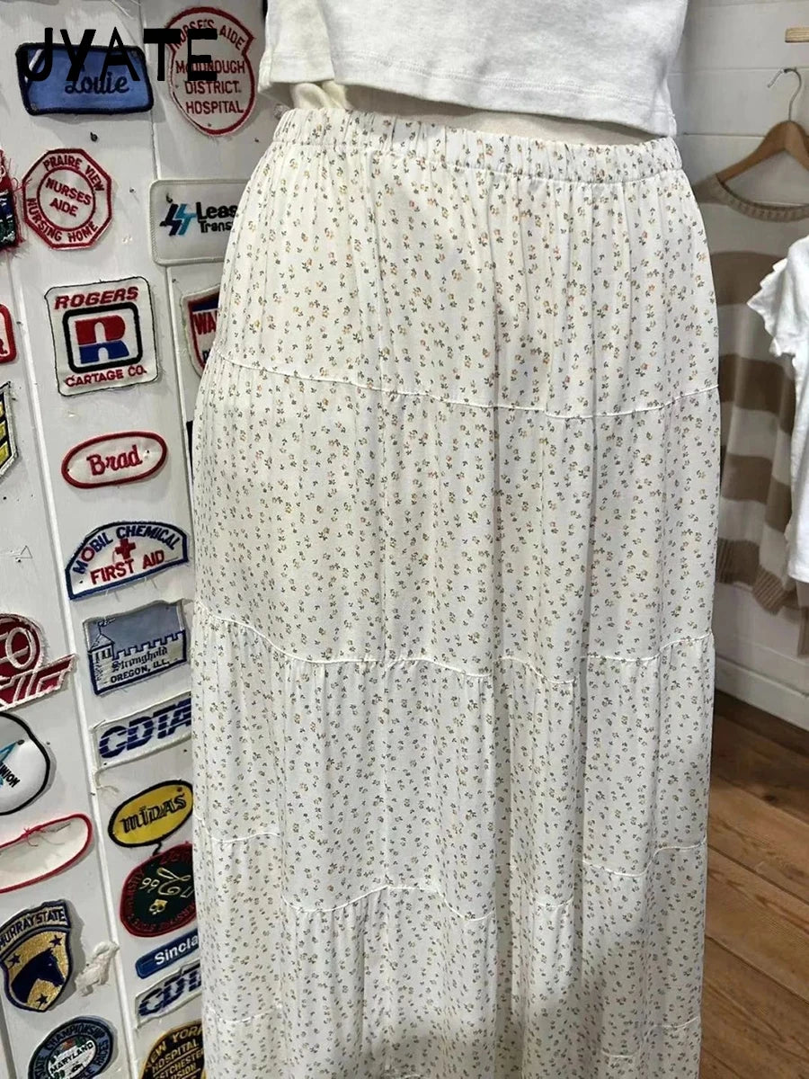Fashion Pink Floral Print Long Skirts Women New Casual Cotton Preppy Style High Waist Maxi Skirt Sweet Vintage Loose Faldas Y2K