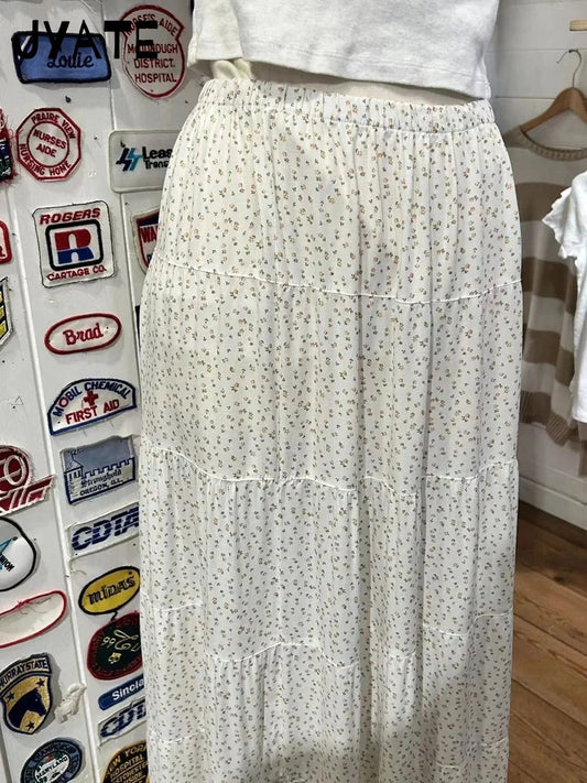 Fashion Pink Floral Print Long Skirts Women New Casual Cotton Preppy Style High Waist Maxi Skirt Sweet Vintage Loose Faldas Y2K