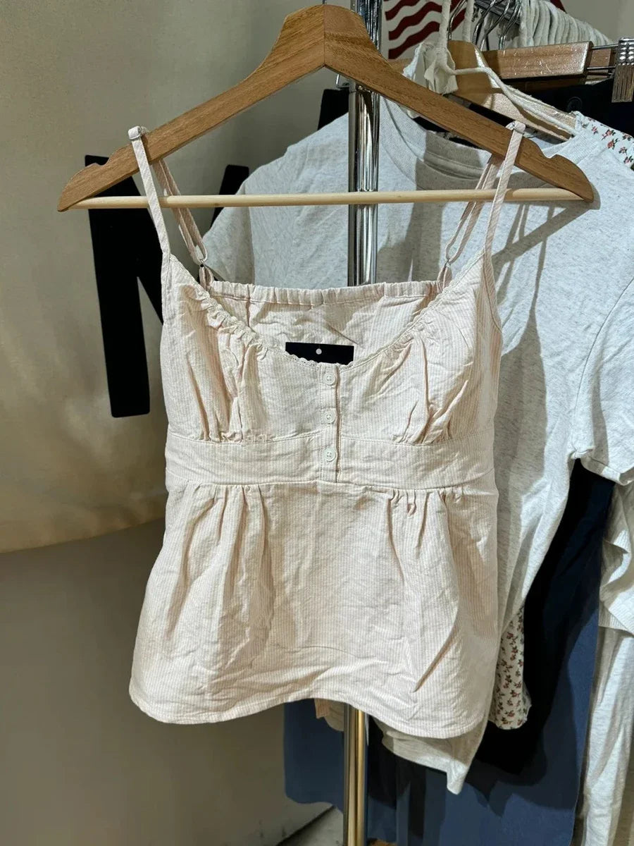 Sweet Pink Stripe Lace-up Tank Top Women Summer Lace Trim Button V-neck Cotton Camis Vintage Streetwear Sleeveless Crop Tops Y2K