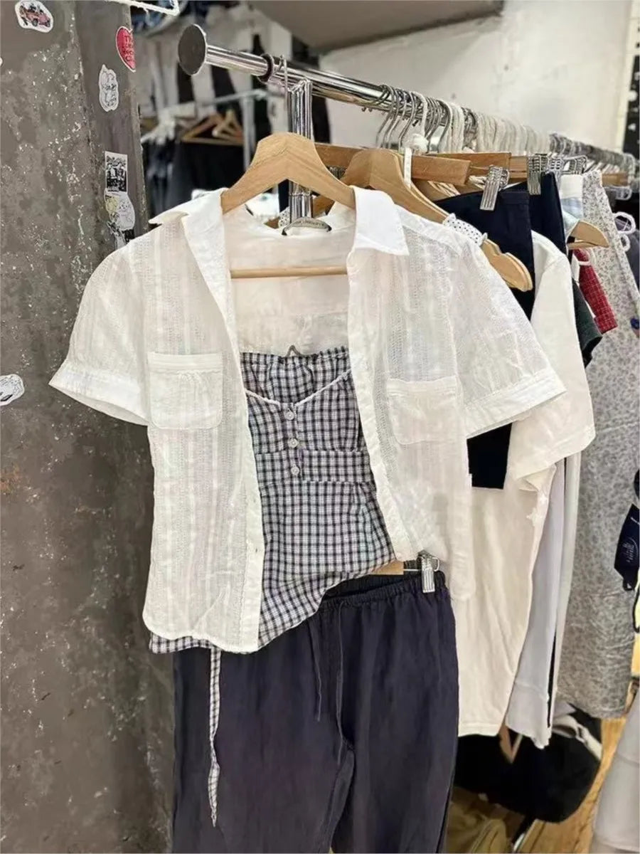 Sweet Pockets White Textured Blouse Women Turndown Collar Single Breasted Short Sleeve Shirts Tops Vintage Sweet Y2K Blouses New